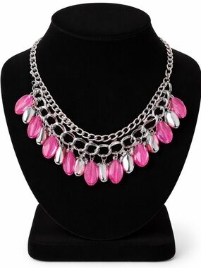 Silver Chain Pink Bead Collar Necklace with Matching Earrings